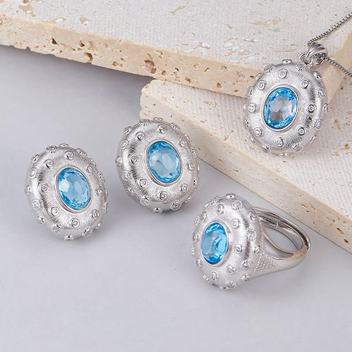 925 Sterling Silver Brushed Oval Topaz Ring with Crystals - Court Style Open Ring