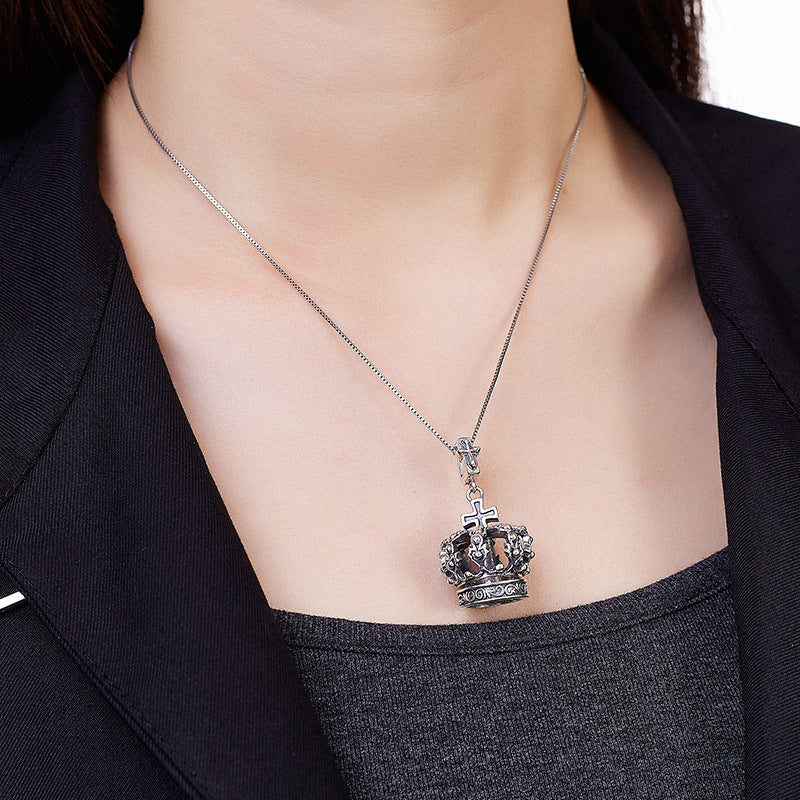 S925 Silver Cross Crown Pendant Niche Design Couple Sweater Necklace Men