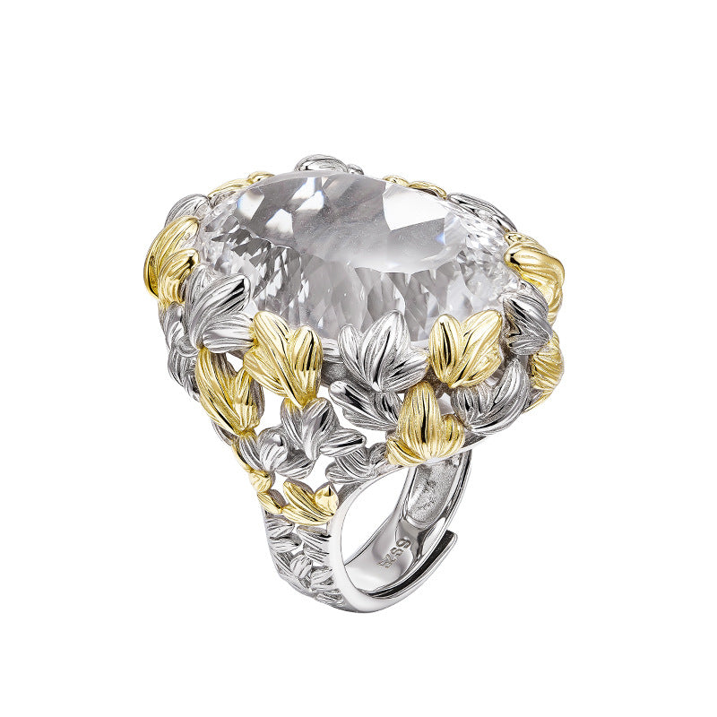 Hollow Leaf Crystal Ring - 925 Silver Exaggerated Design - Statement Citrine Index Finger Ring