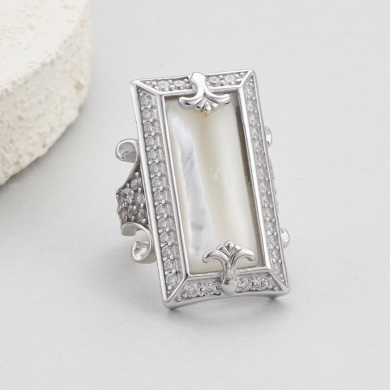 925 Sterling Silver White Shell Rectangular Ring with Crystals