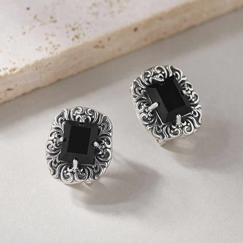Arabesque Onyx Studs - Intricate Sterling Silver Filigree with Black Gemstone