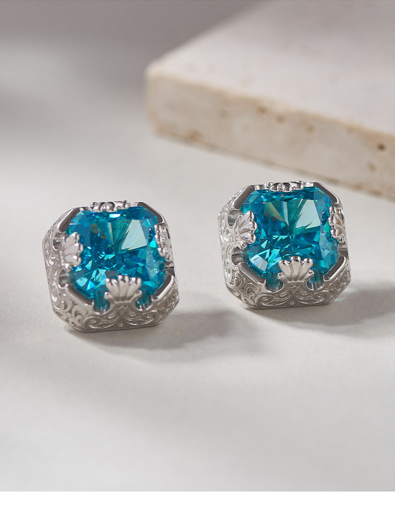 925 Sterling Silver French Vintage Aquamarine Square Stud Earrings