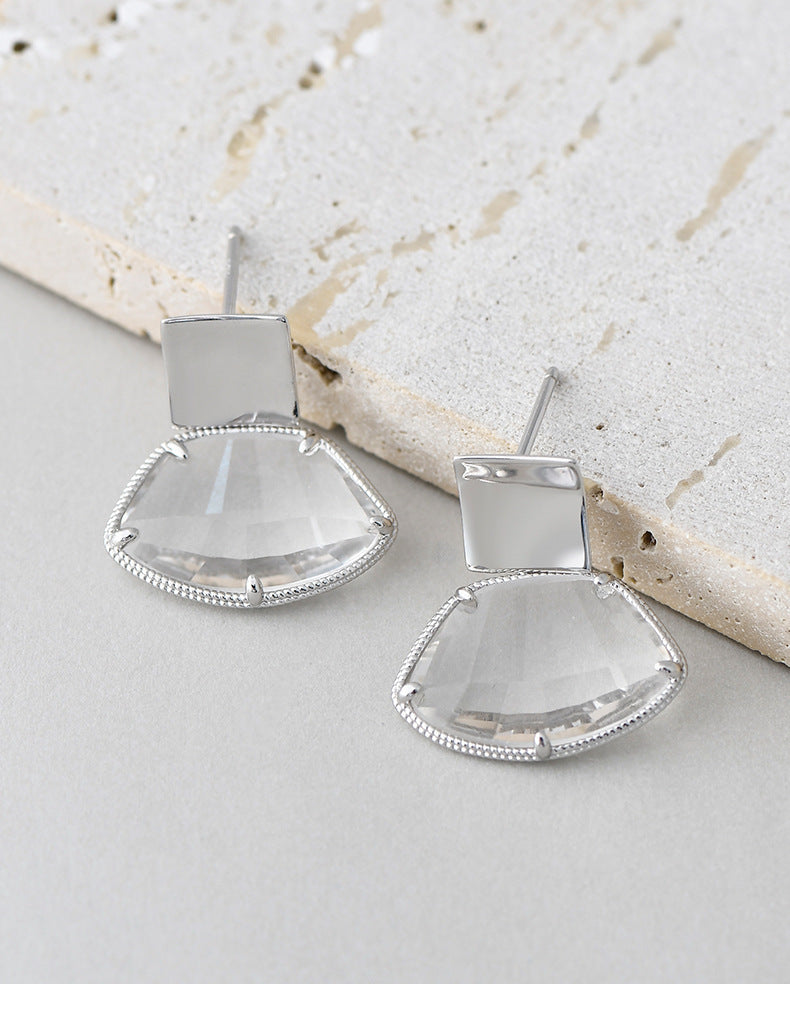 Fan-Shaped White Quartz Stud Earrings - 925 Sterling Silver Bezel Set Minimalist Design