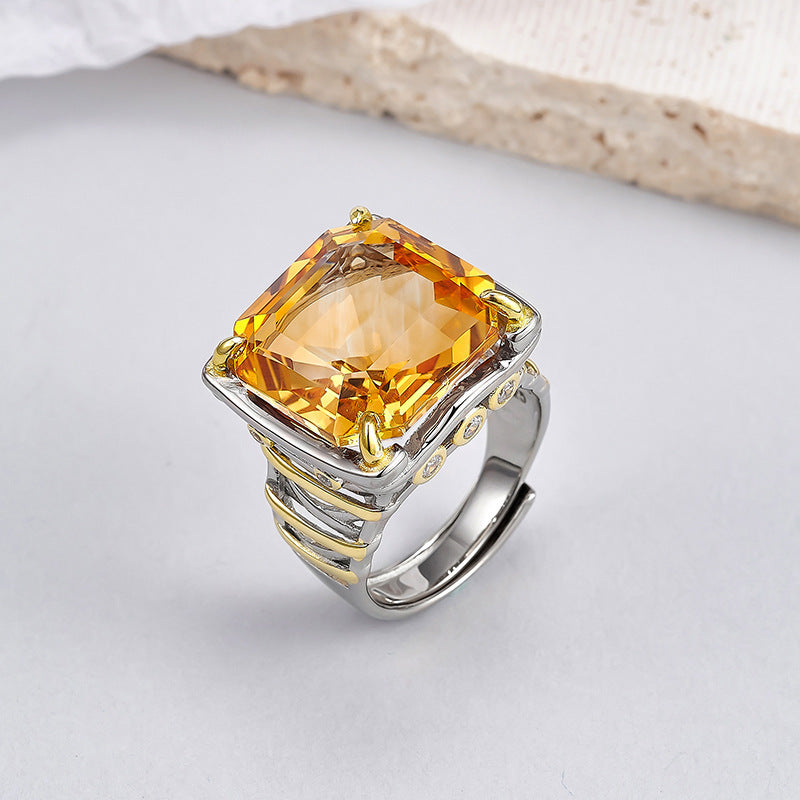 Square Citrine Ring - 925 Silver Italian Contrasting Color - Geometric Opening Ring