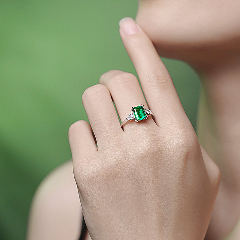 S925 Sterling Silver Princess Square Cultivated Emerald Ring