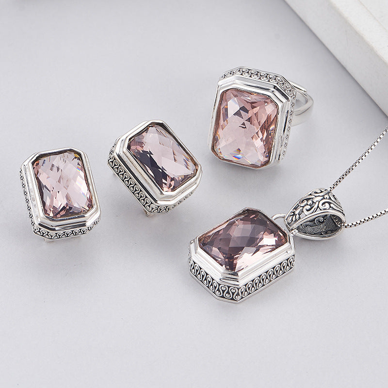 S925 Sterling Silver Morganite Square earrings rings Pendant Necklace Set