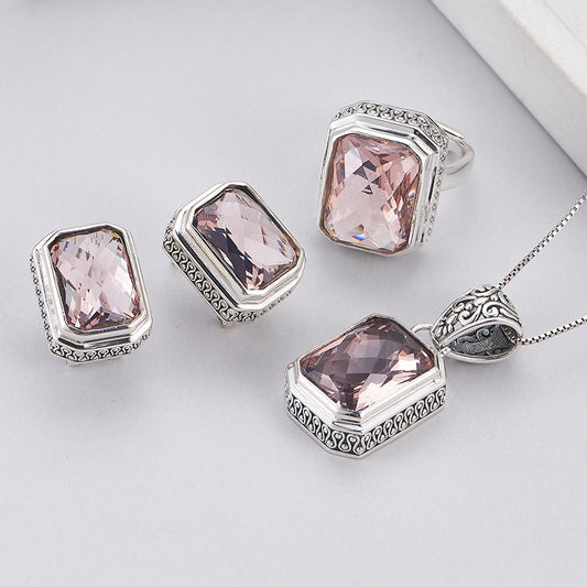 S925 Sterling Silver Morganite Square earrings rings Pendant Necklace Set